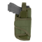 The Condor VT Holster holds a black handgun, partially inserted in green fabric with a Velcro strap and secure stitching—ideal for law enforcement or shooting range use.